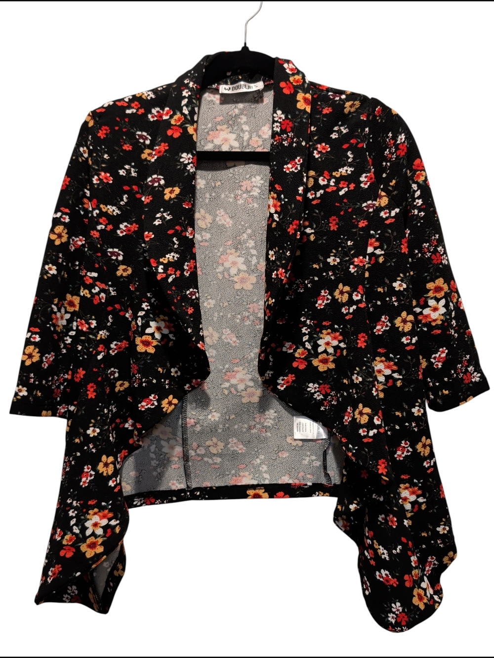 Doublju Black Floral Knit Top with Yellow, Pink and Cream Blooms (#C1029)